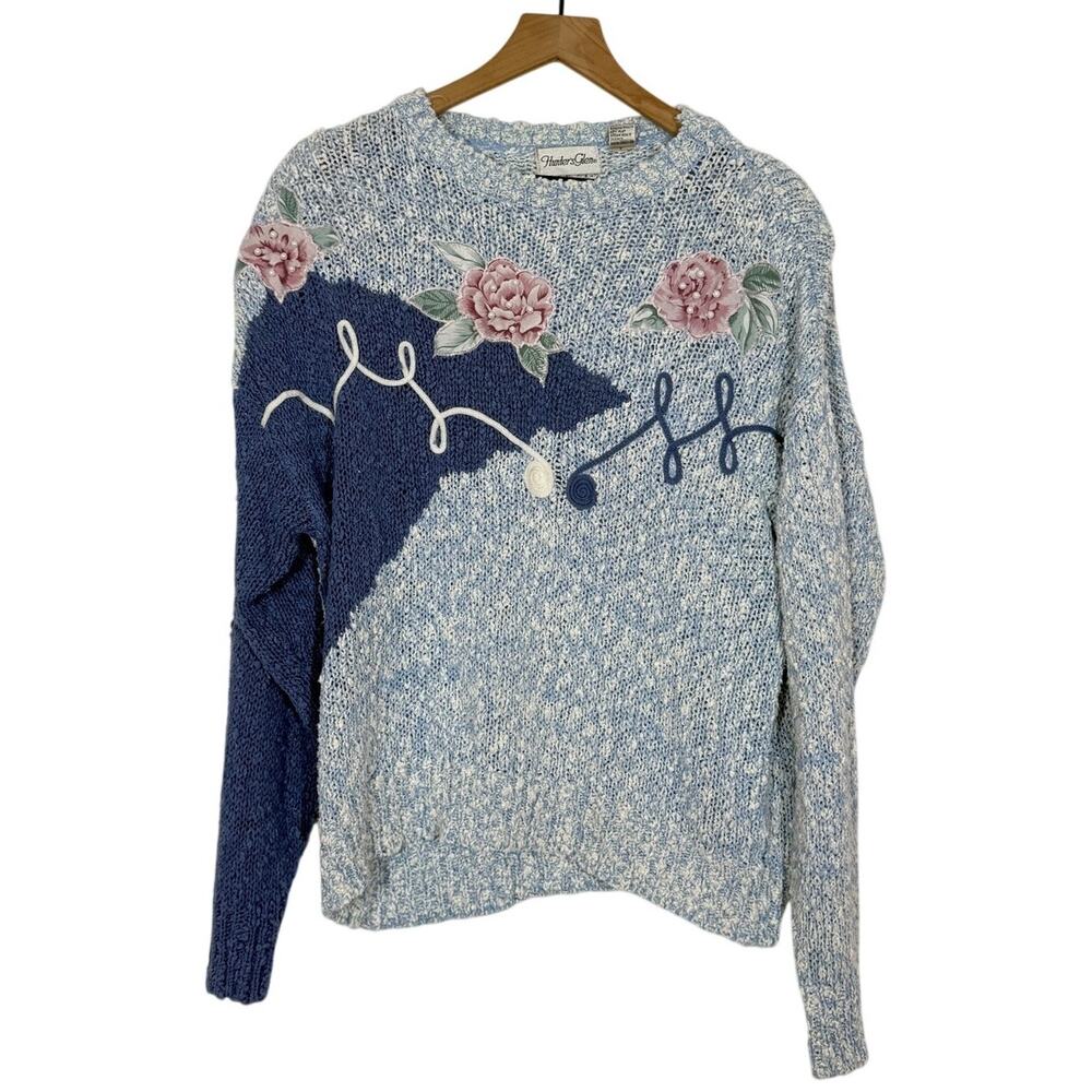 Hunters Glen Vintage Grandmacore Sweater Wmns L Blue Floral Cottage Embroidered